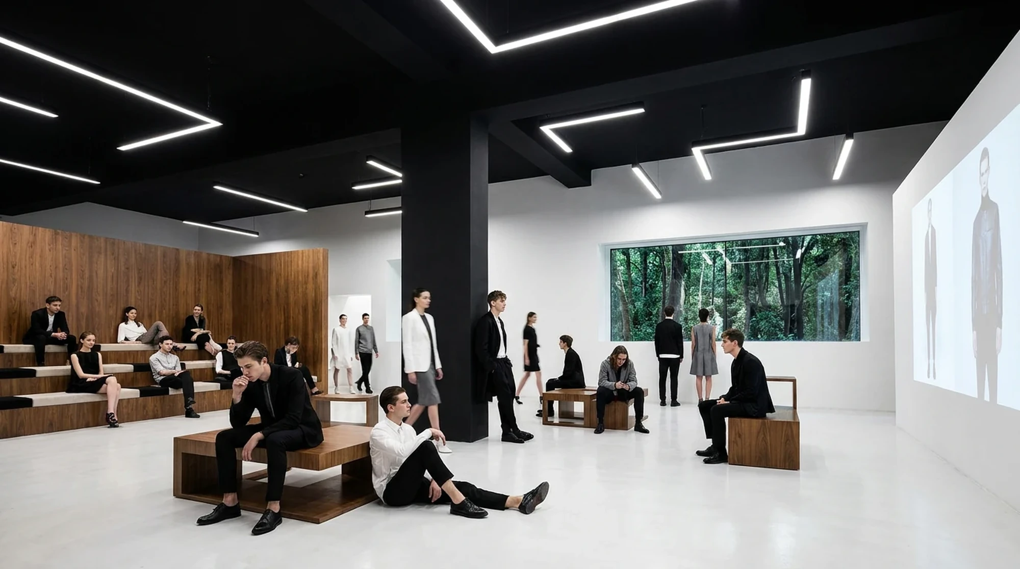 Sala casting Neil Barrett a Milano con gradonate e panche in legno, soffitto nero e proiezioni di moda a parete.