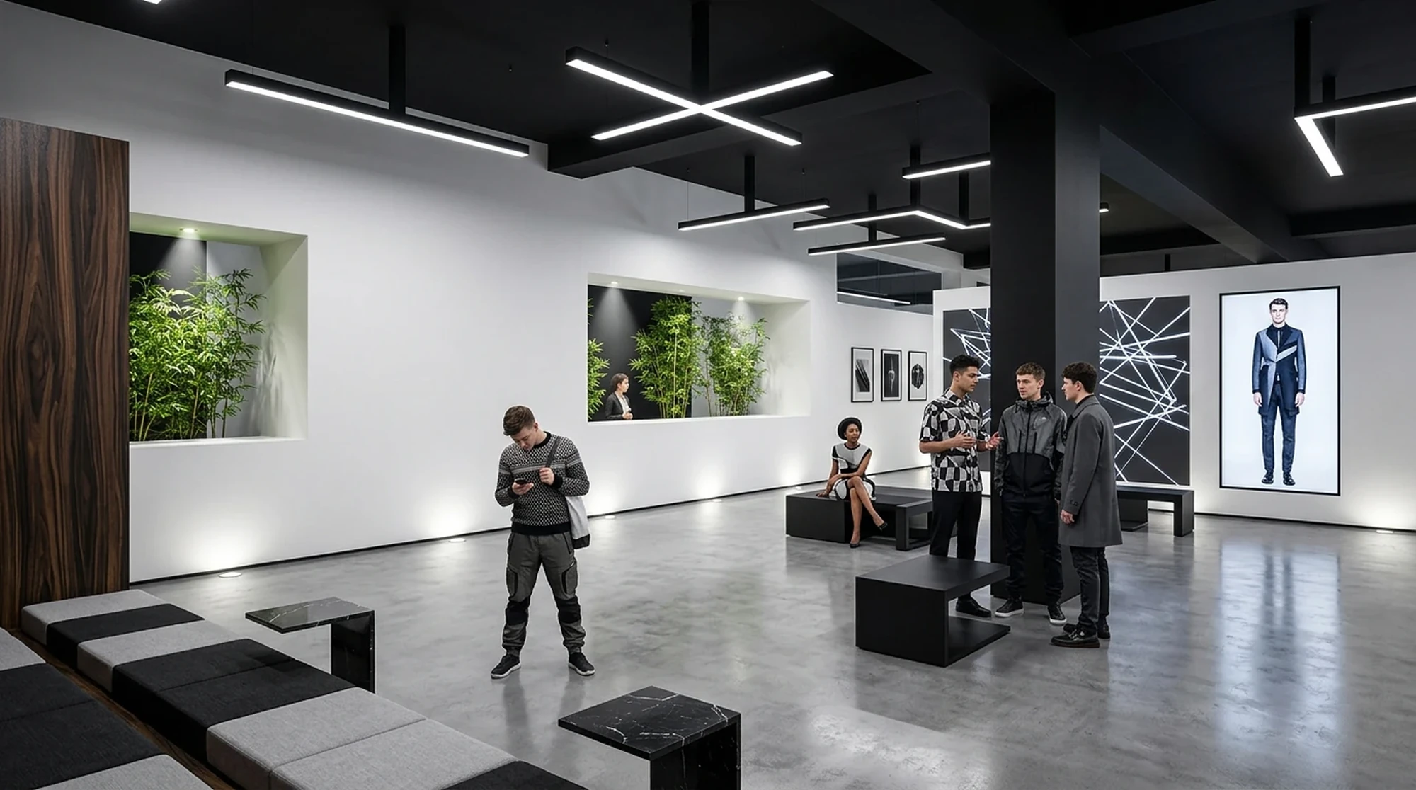 Spazio showroom Neil Barrett con sedute modulari, nicchie verdi e luci lineari sospese tra i pilastri neri.